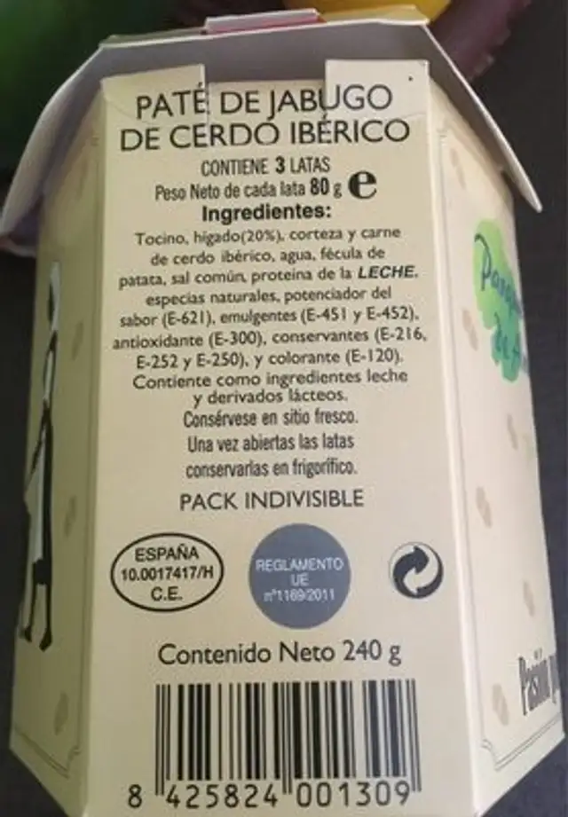 Paté de porc ingredients label