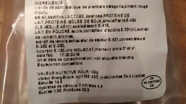 Chorizo de porc ingredients label