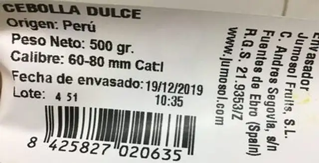 Cebollas nutrition facts table