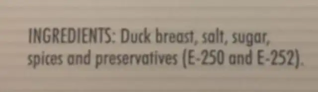 Magret De Canard Séché ingredients label