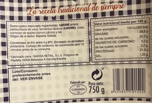 Queso Barra Gallega Cremosa nutrition facts table