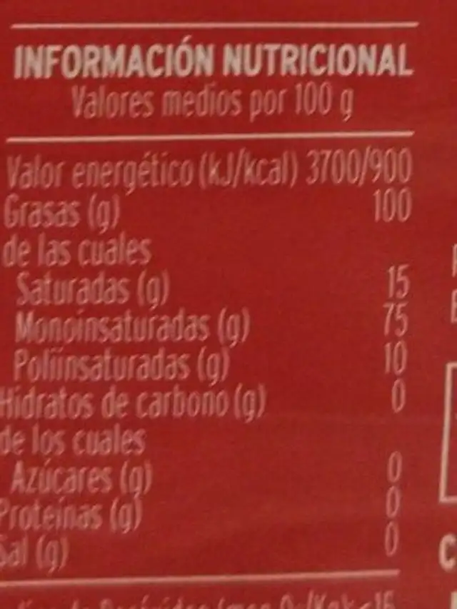 Aceite de oliva nutrition facts table