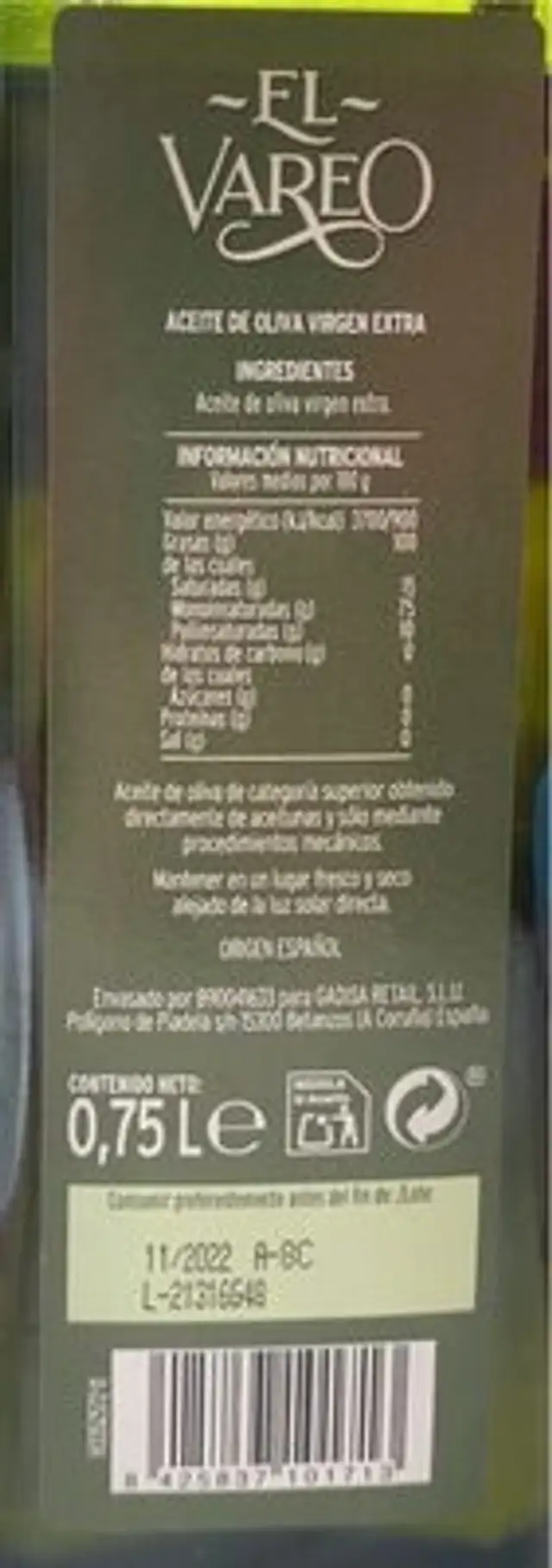 Aceite de oliva nutrition facts table