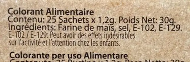 Colorant alimentaire ingredients label