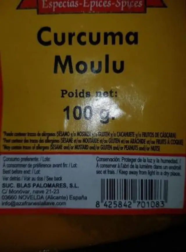 Curcuma ingredients label