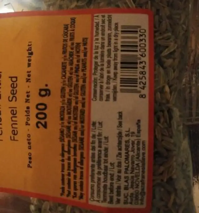 Hinojo Grano nutrition facts table