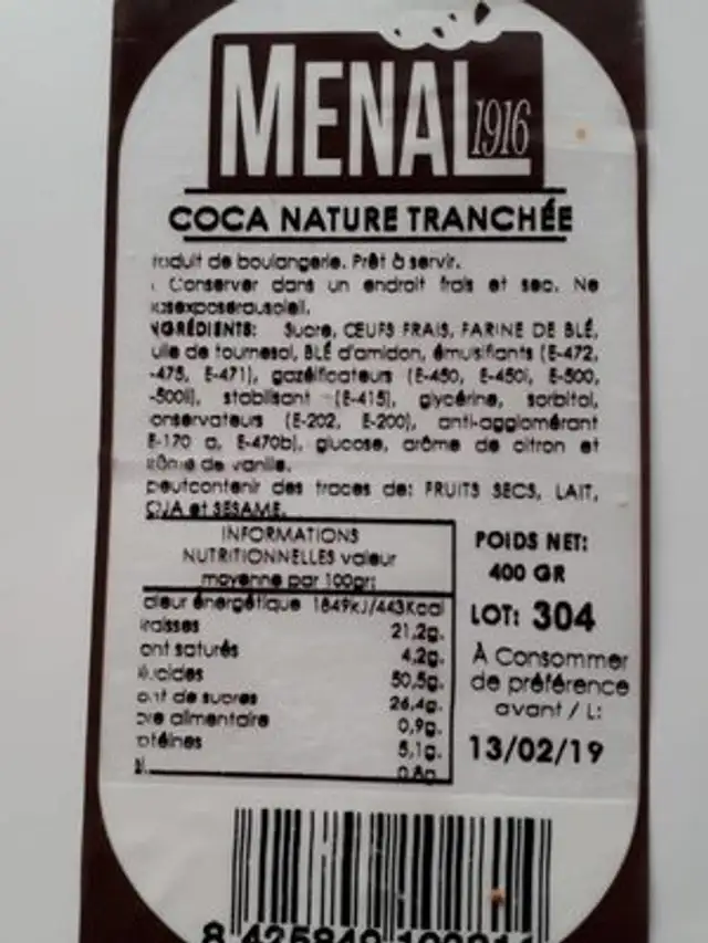 Plain sponge cake ingredients label