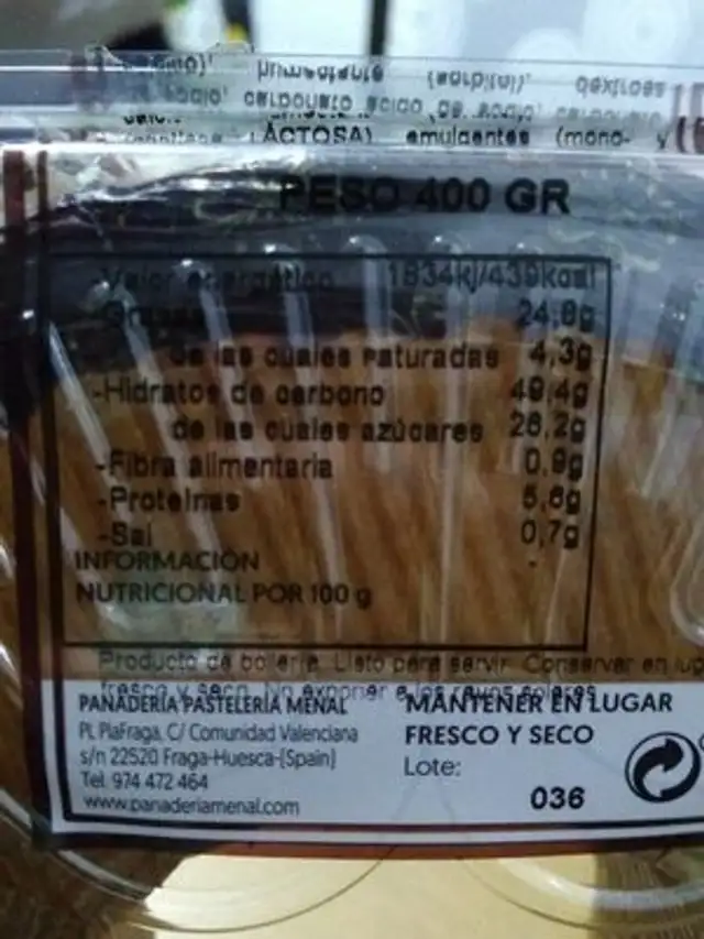 Rosca Marmol nutrition facts table