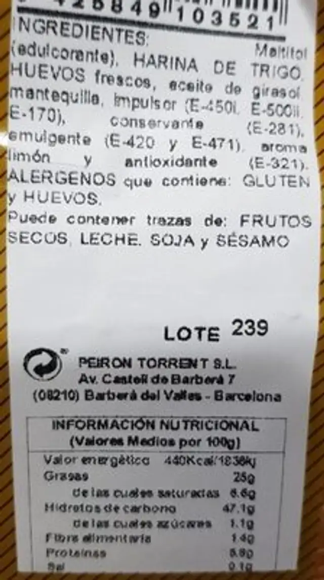 Bizcocho sin azúcares añadidos nutrition facts table