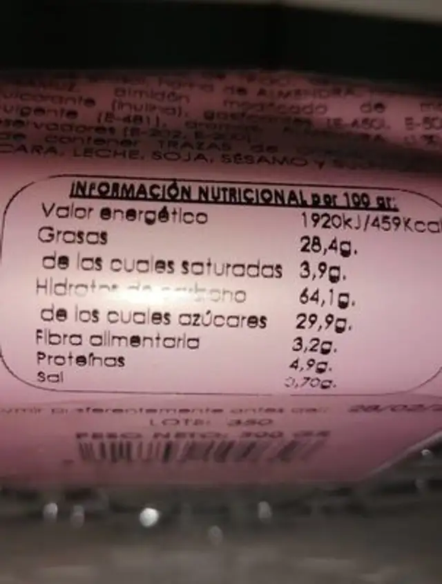 Tarta de Almendra nutrition facts table
