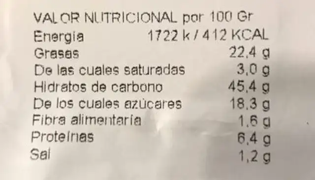 Bizcocho de yogurt nutrition facts table