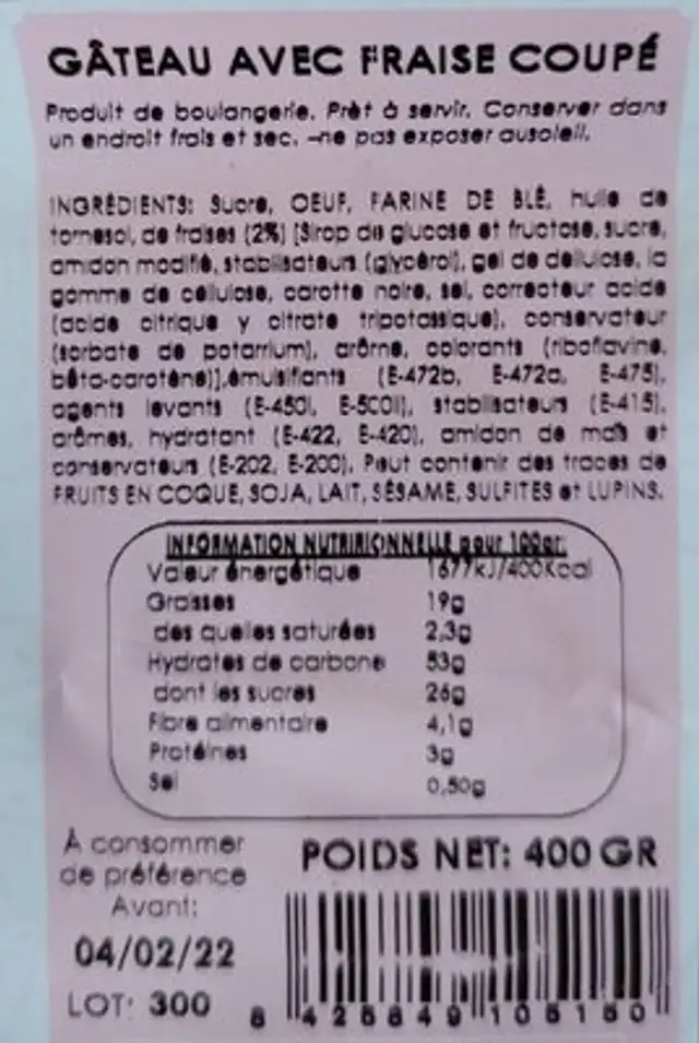 Gâteau avec fraise coupé nutrition facts table