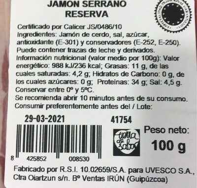 Jamon serrano reserva nutrition facts table