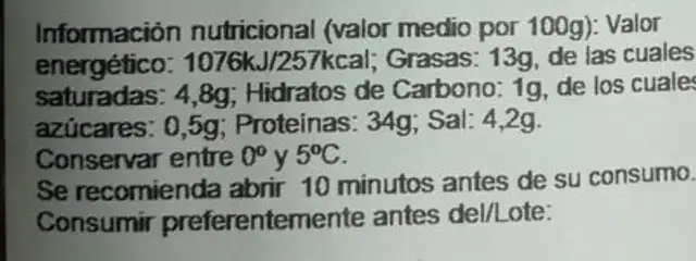 Cabecero de lomo embuchado nutrition facts table
