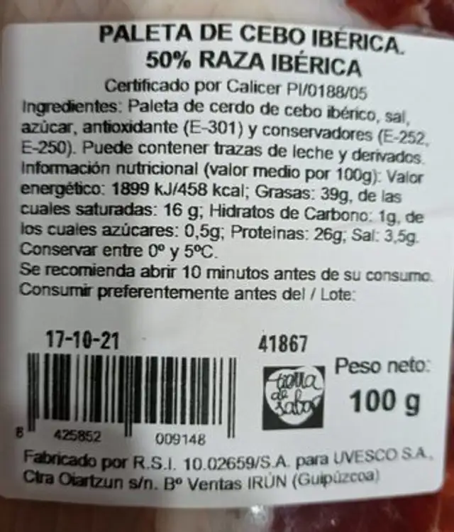 Paleta de cebo ibérica 50%raza iberica nutrition facts table