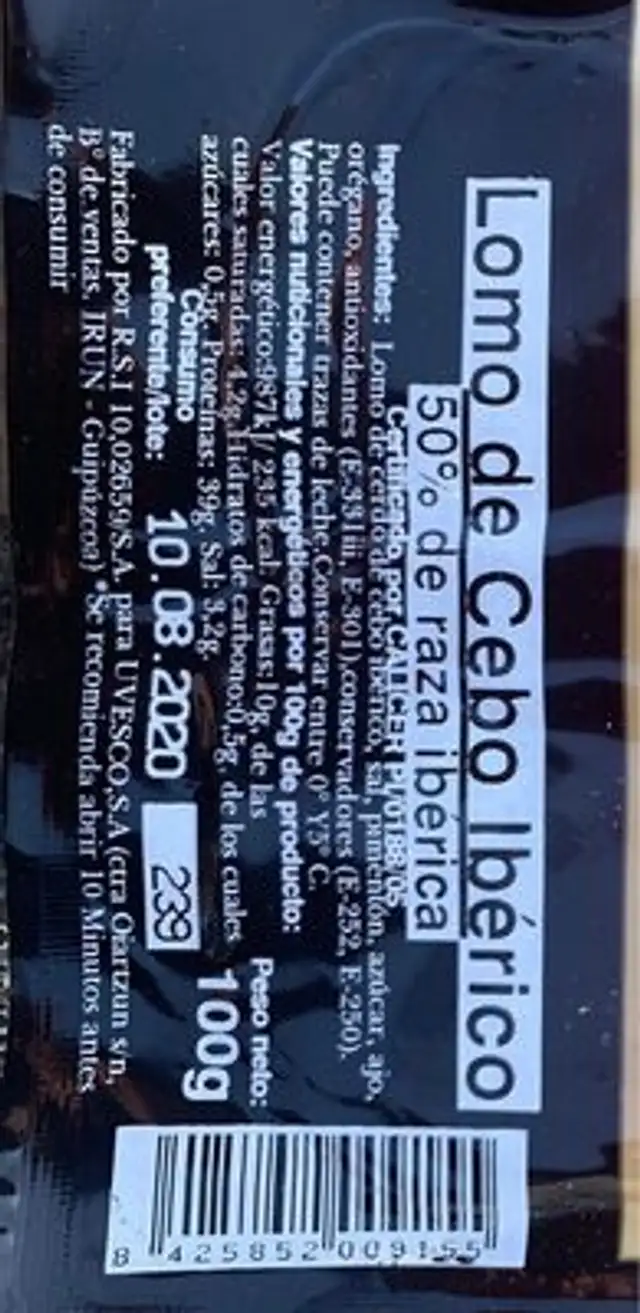 Lomo de Cebo Iberico nutrition facts table