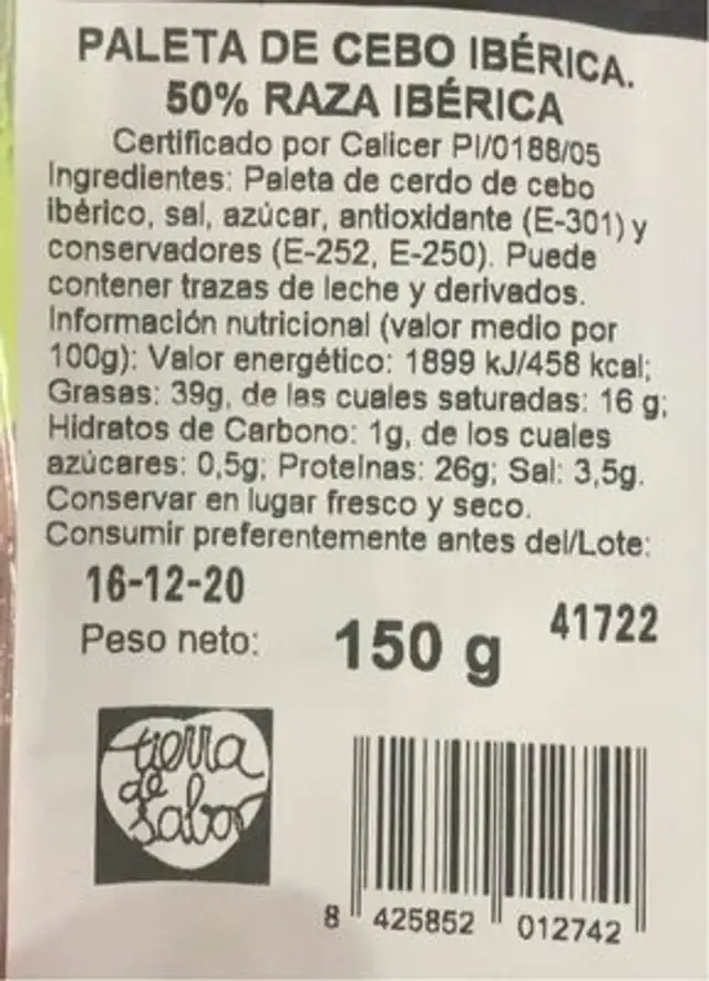 Paleta de cerdo ibérica nutrition facts table