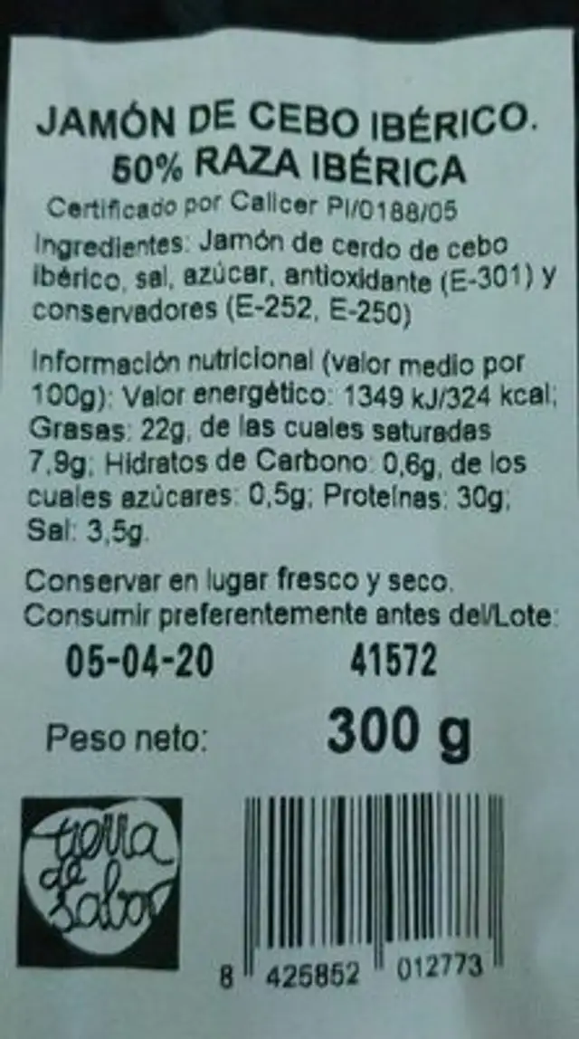 Unknown nutrition facts table