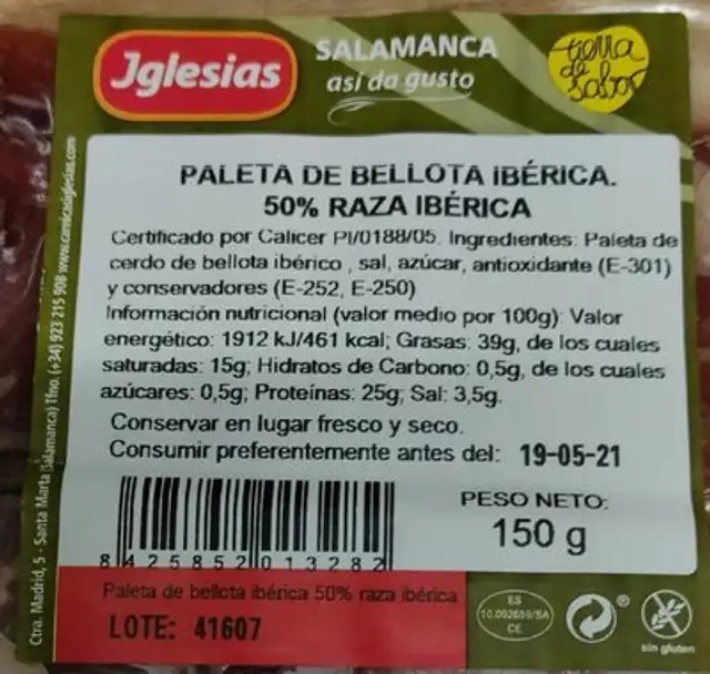 Paleta de bellota ibérica nutrition facts table