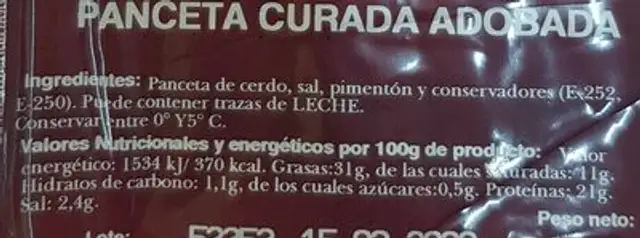 PANCETA CURADA ADOBADA nutrition facts table