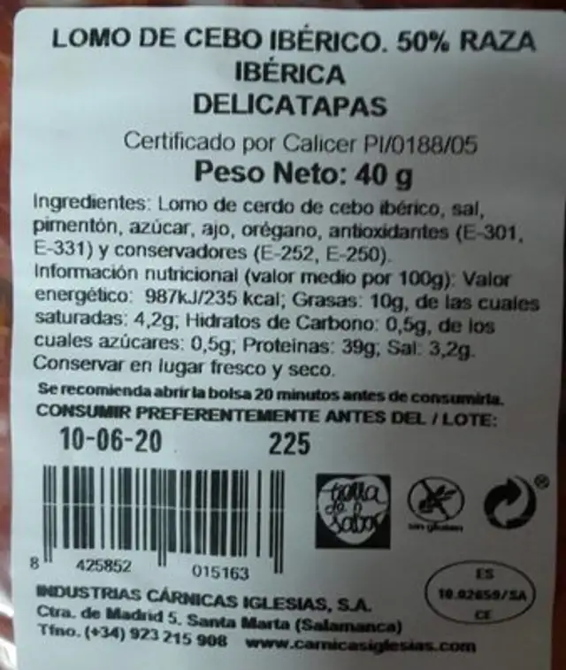 Lomo de cebo ibérico nutrition facts table