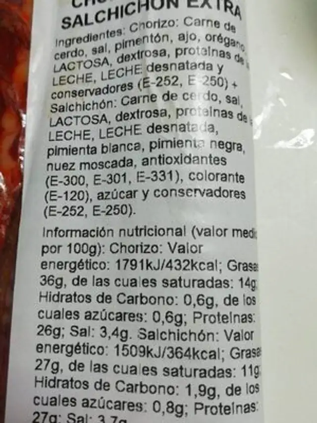 Chorizo +Salchichón extra nutrition facts table