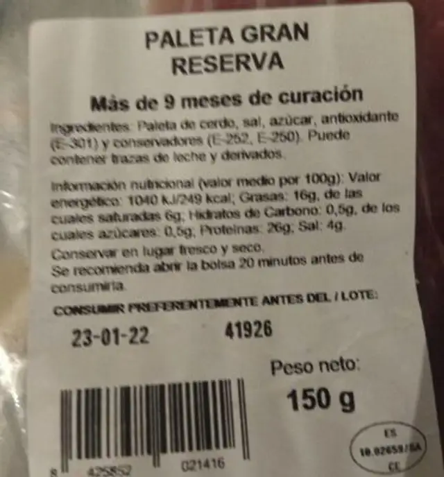 Paleta serrana gran reserv nutrition facts table