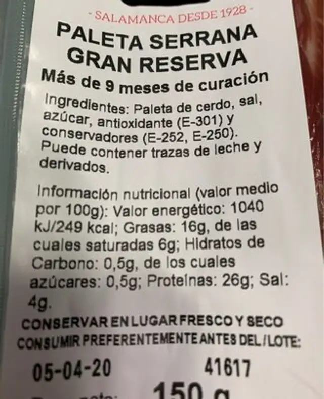 Paleta serrana gran reserva nutrition facts table