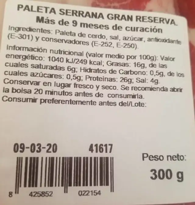 Paleta serrana gran reserva nutrition facts table
