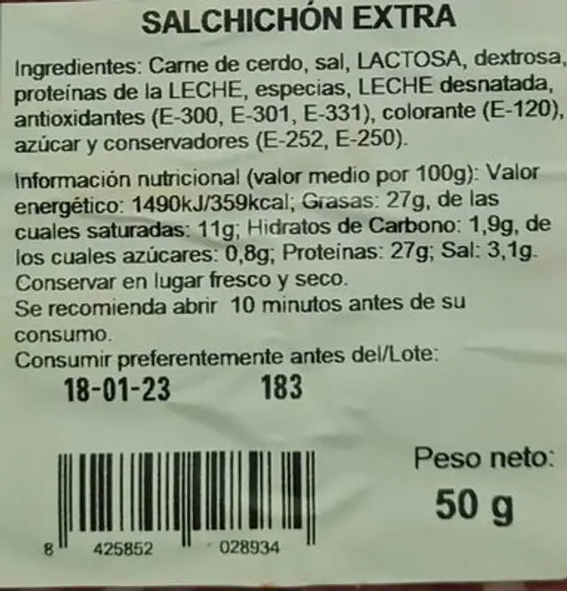 Salchichon extra nutrition facts table