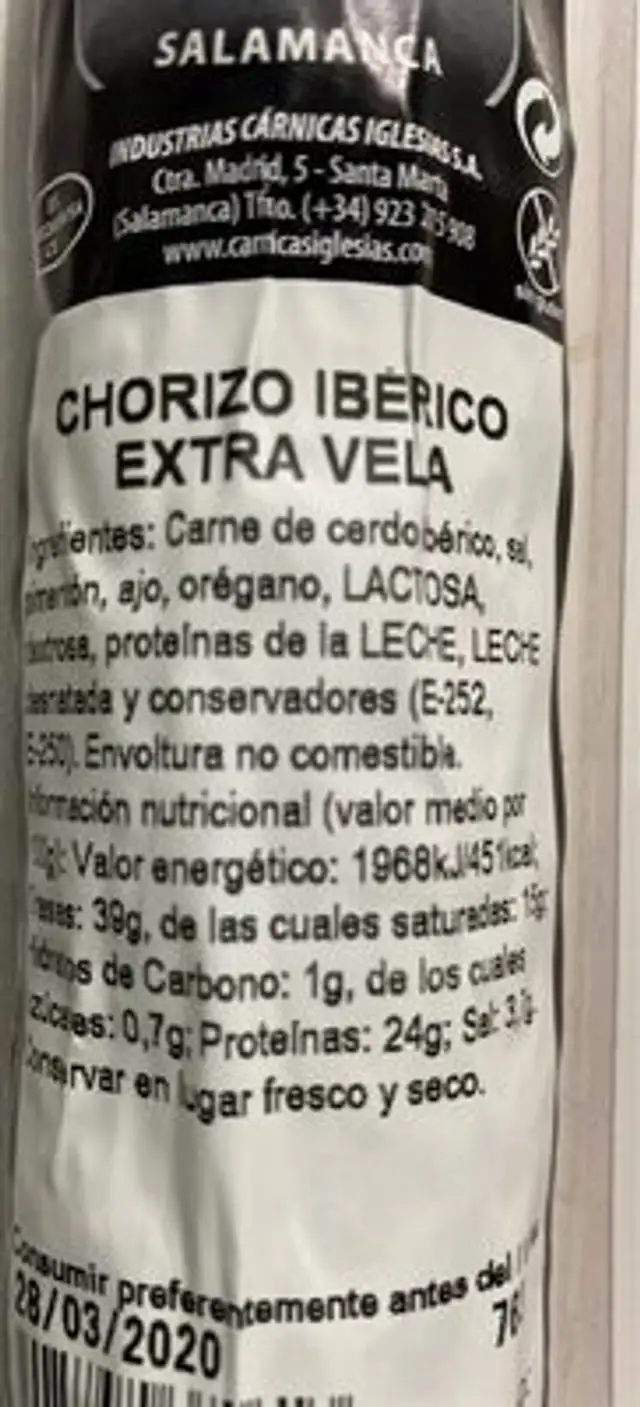 Chorizo iberico extra vela nutrition facts table
