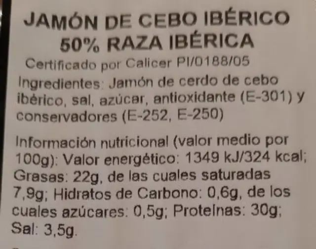 Jamón de cebo ibérico 50% raza ibérica nutrition facts table