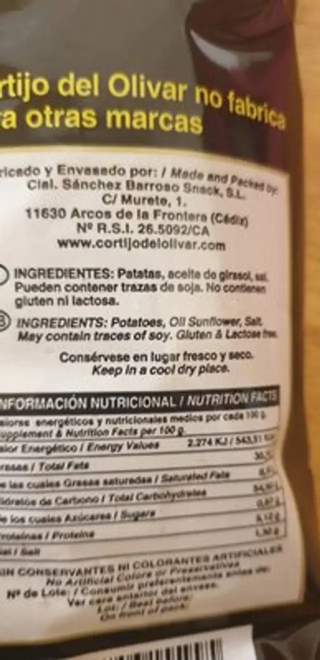 Patatas fritas ingredients label