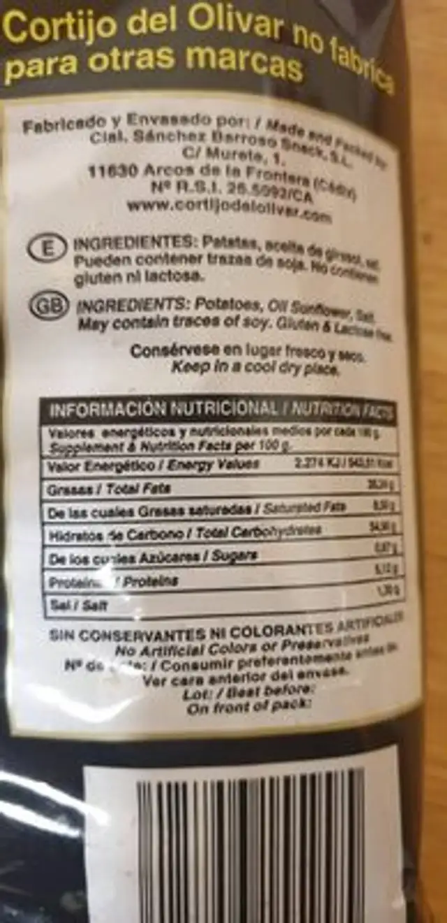 Patatas fritas nutrition facts table