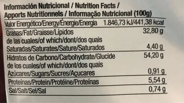 Patatas fritas sabor Jamon nutrition facts table