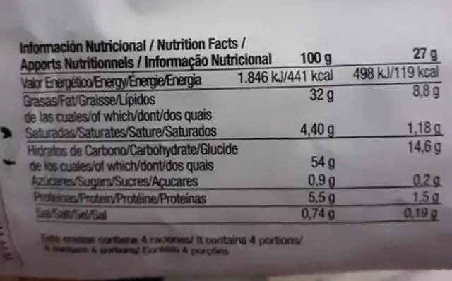 Patatas fritas nutrition facts table