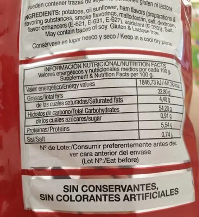 Patatas fritas jamón nutrition facts table