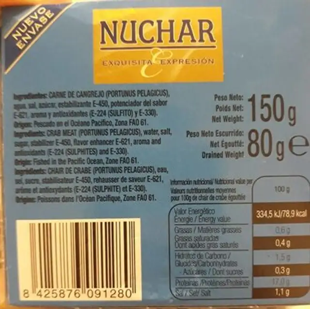 Carne de Cangrejo nutrition facts table