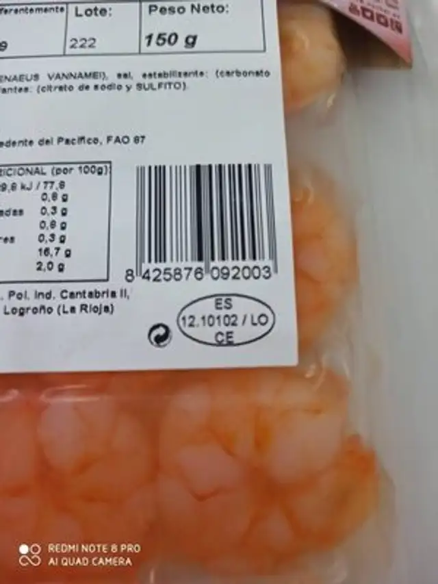 LANGOSTINO COCIDO nutrition facts table