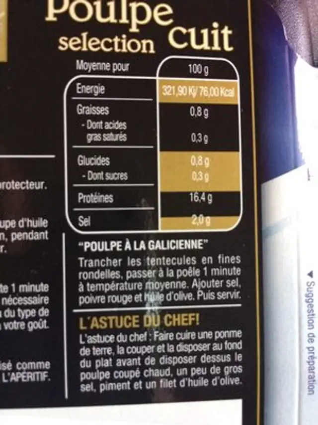 Lamelles de poulpe cuit ingredients label