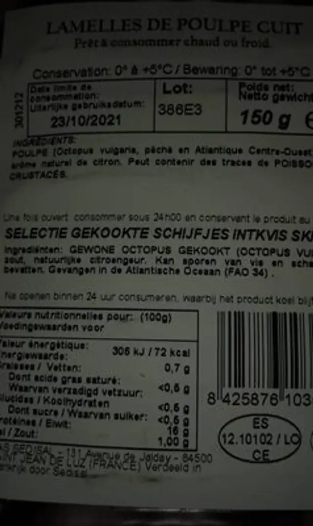 Lamelles de poulpe cuit nutrition facts table