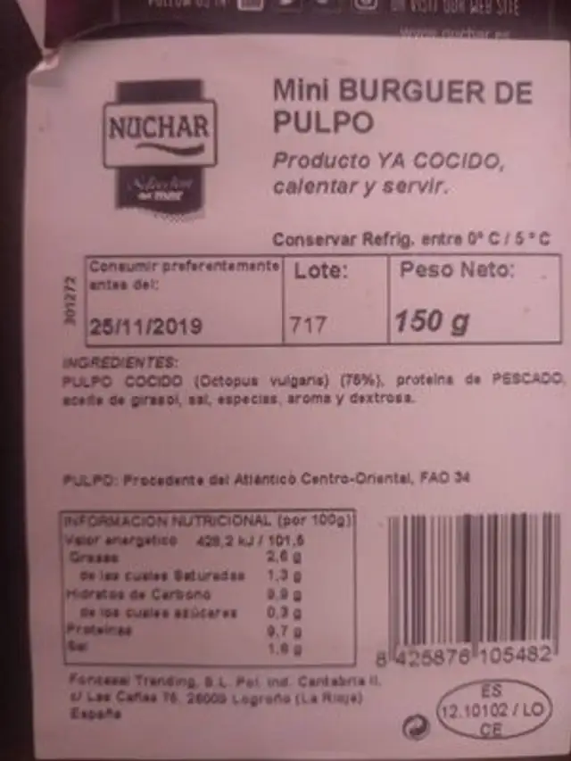Mini Burguer de pulpo ingredients label