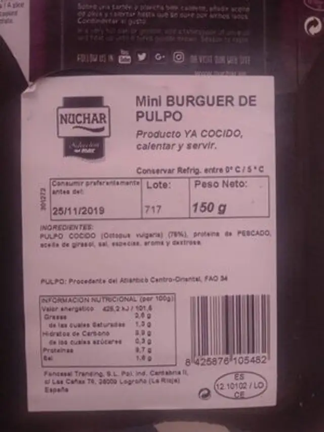 Mini Burguer de pulpo nutrition facts table