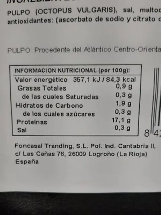Pulpo cocido nutrition facts table
