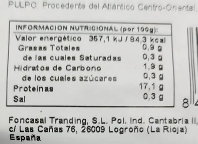Pulpo cocido Selección nutrition facts table