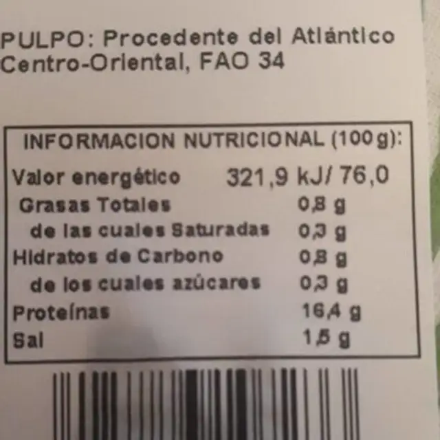 Pulpo nutrition facts table