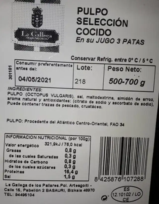 Pulpo nutrition facts table
