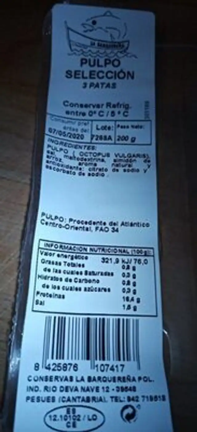 Pulpo Selección 3 patas nutrition facts table