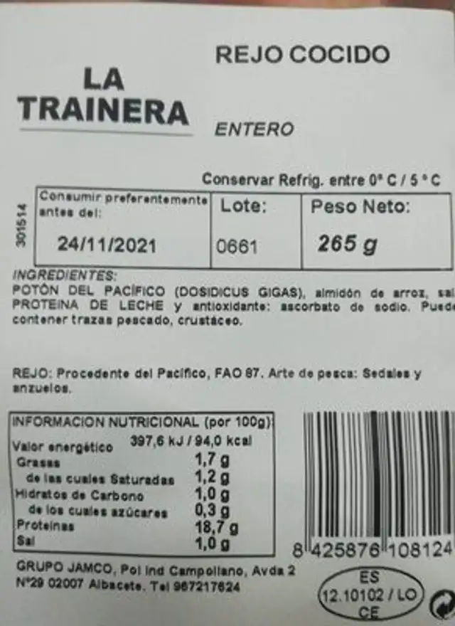 Rejo cocido nutrition facts table