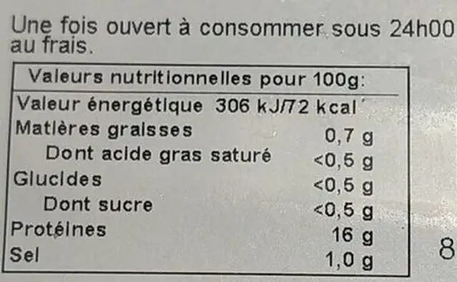 Tentacules de POULPE CUIT nutrition facts table